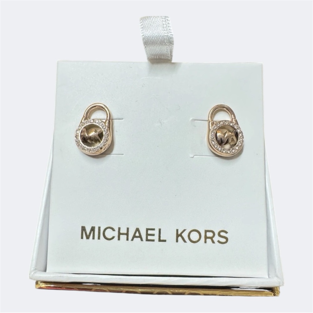 Michael Kors Rose Gold Padlock Logo Crystal Stud Earrings - Picture 2 of 12